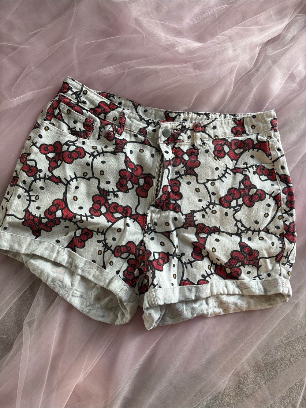 White Hello Kitty Print Denim Shorts with Red Accents - Unbranded